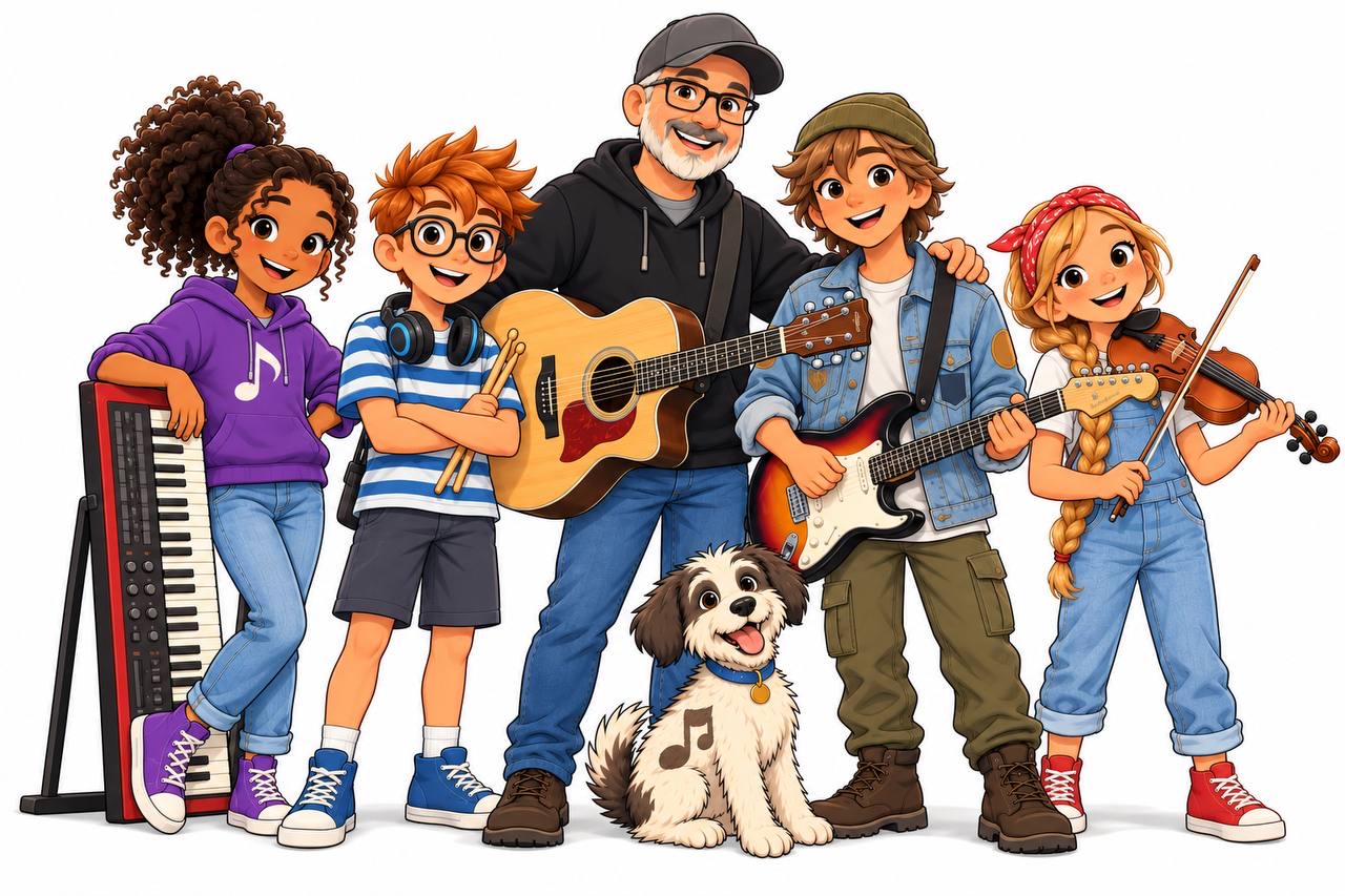 Coach with Maya, Leo, Sam, Jay and Tempo the dog, holding their instruments