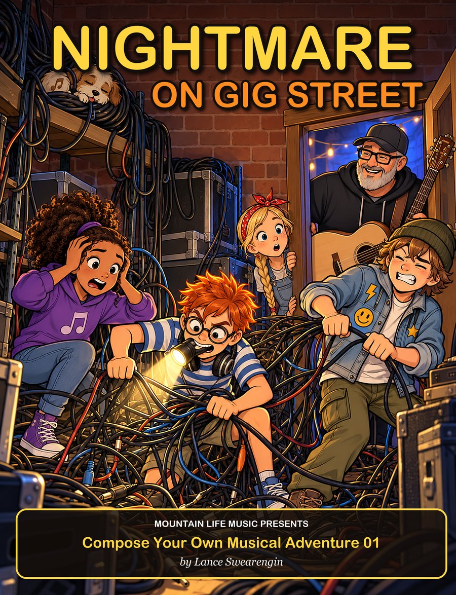 Nightmare on Gig Street book cover: Coach peeks in as Maya, Leo, Sam and Jay wrestle a giant tangle of cables, with Tempo the dog napping on a shelf