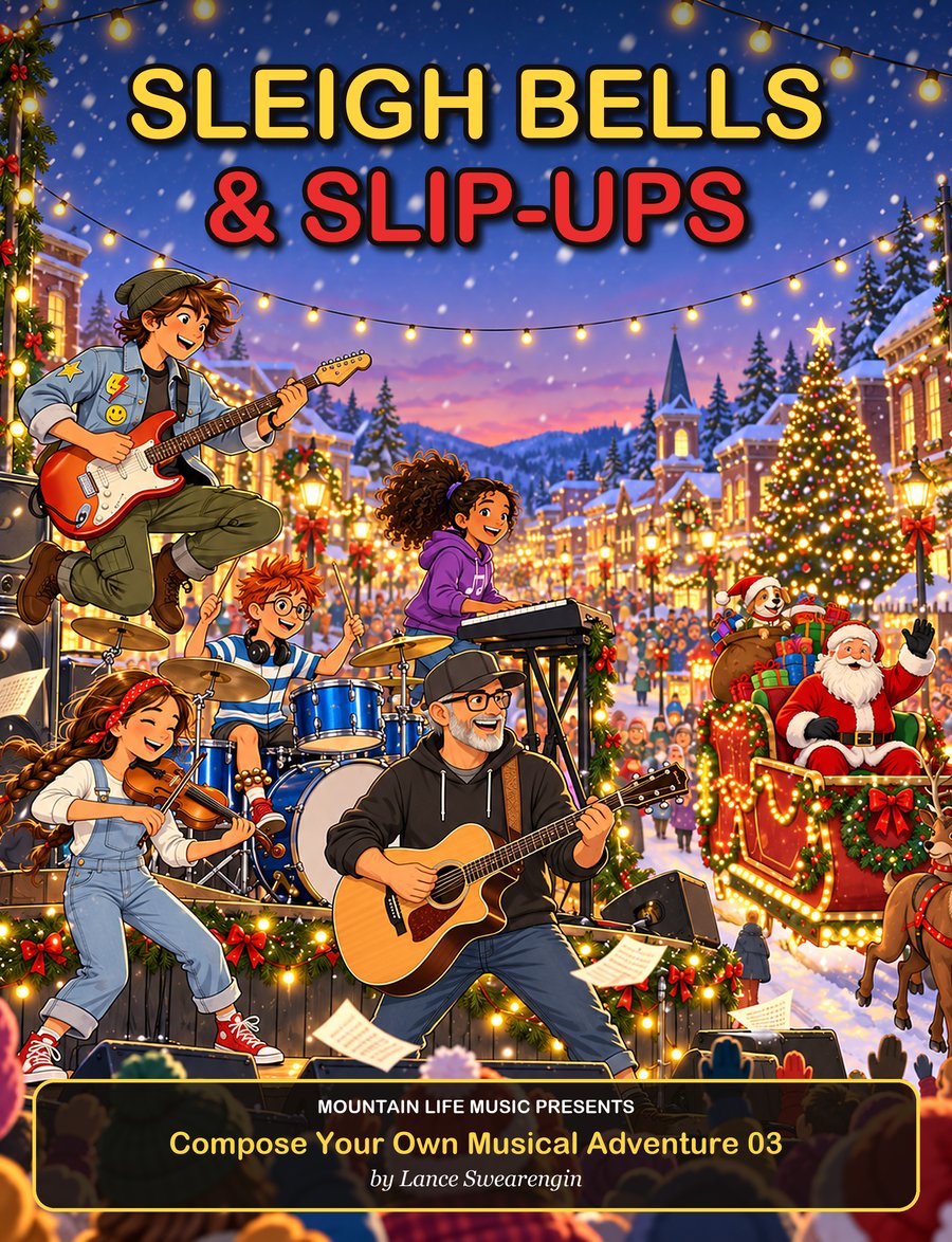 Sleigh Bells and Slip-Ups book cover: the band and Coach rock a snowy Christmas Parade stage as Santa's sleigh float rolls in, with Tempo the dog peeking out of Santa's toy sack